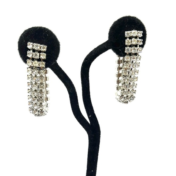 Rhinestone Hoop Earrings Linked 2” 3 Row Evening Elegant Earrings Vintage - Picture 1 of 12